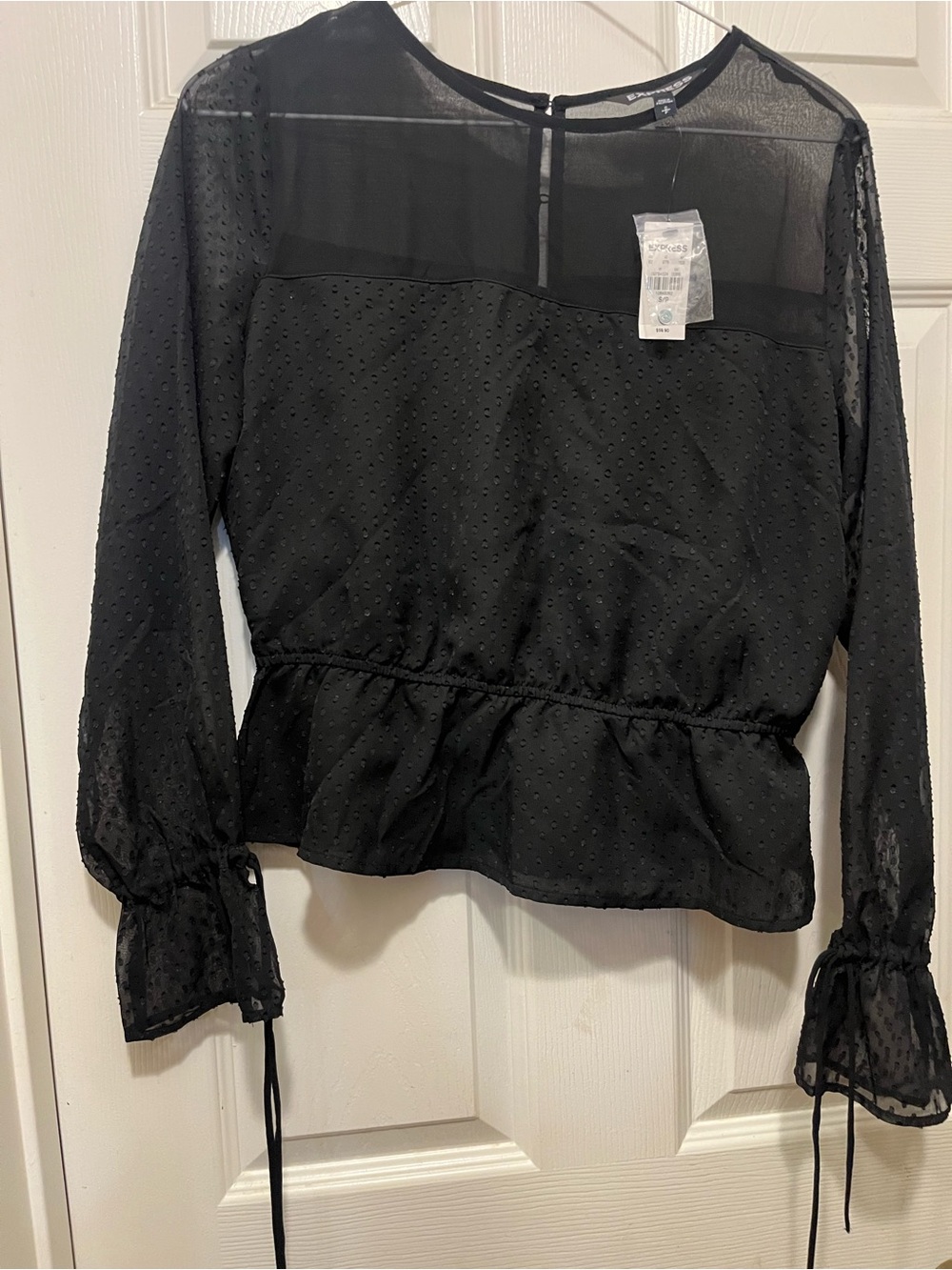 Express Black Sheer Swiss Dot Peplum Top